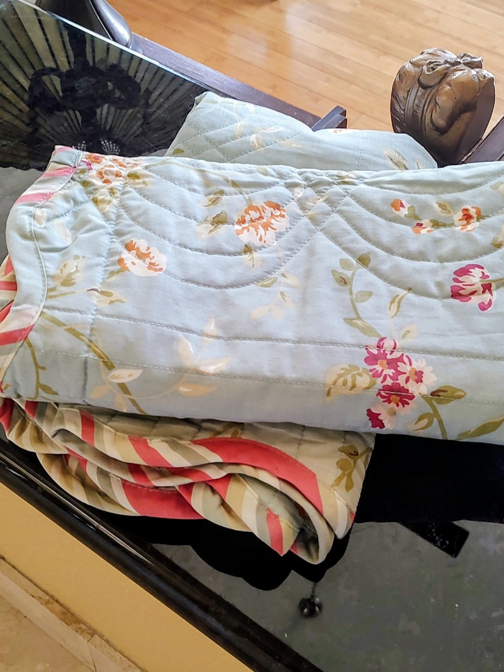 Waverly Light Blue Floral Queen Quilted Pillow Shams with Pink Accents
